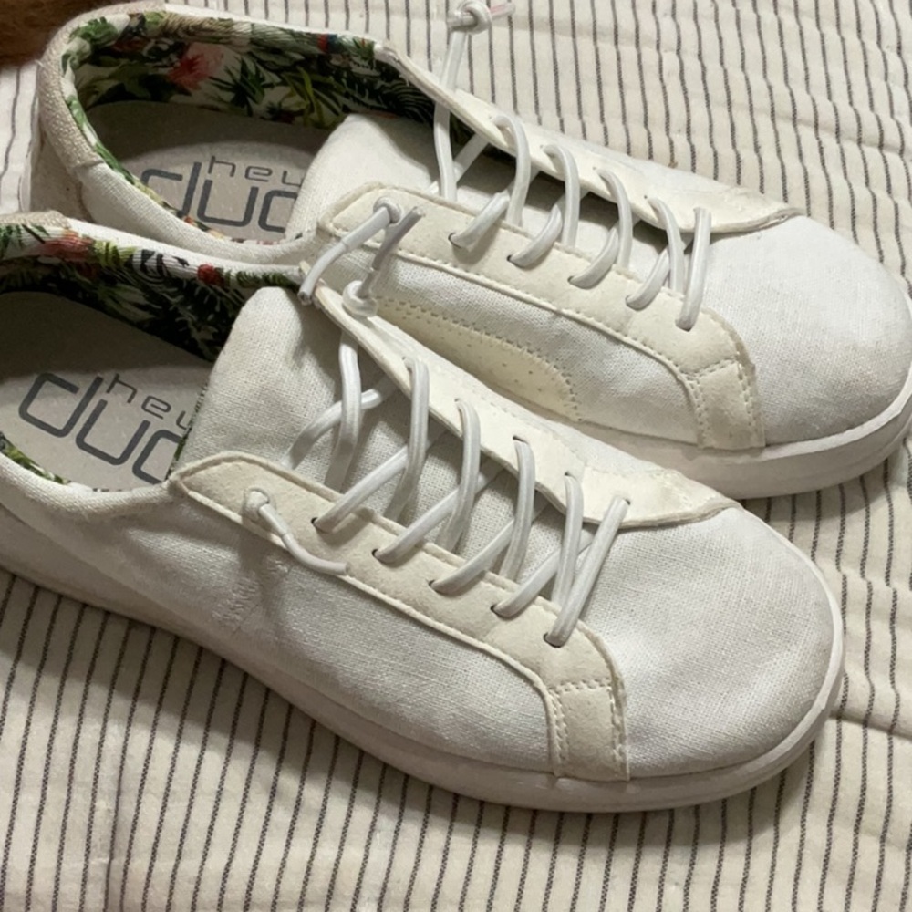 Hey Dude White Canvas Shoes with Floral Interior
